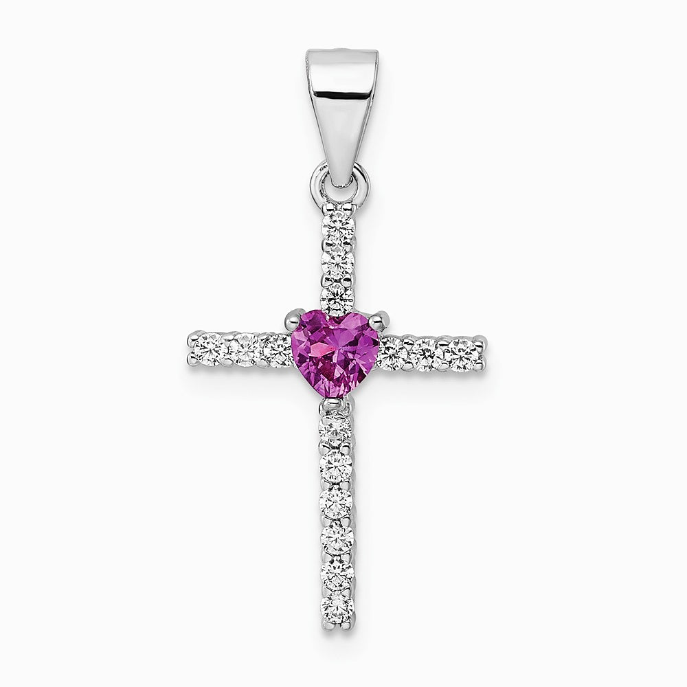 Sterling Silver Rhodium-plated Pink CZ Heart and Clear CZ Cross Pendant