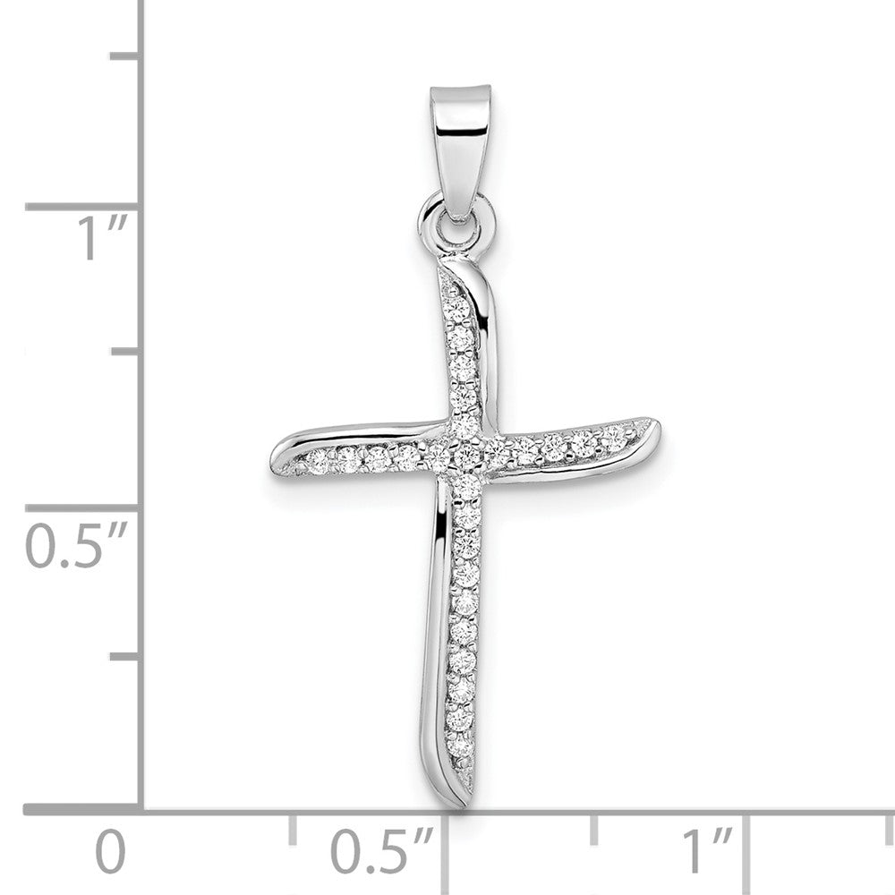 Sterling Silver Rhodium-plated Small CZ Wavy Cross Pendant - Product Photo