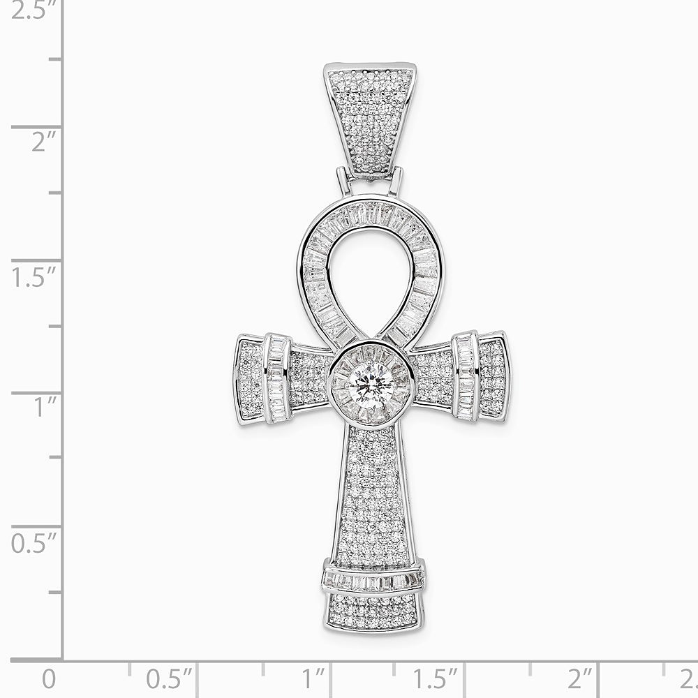 Sterling Silver Rhodium-plated Polished CZ Ankh Cross Pendant - Product Photo