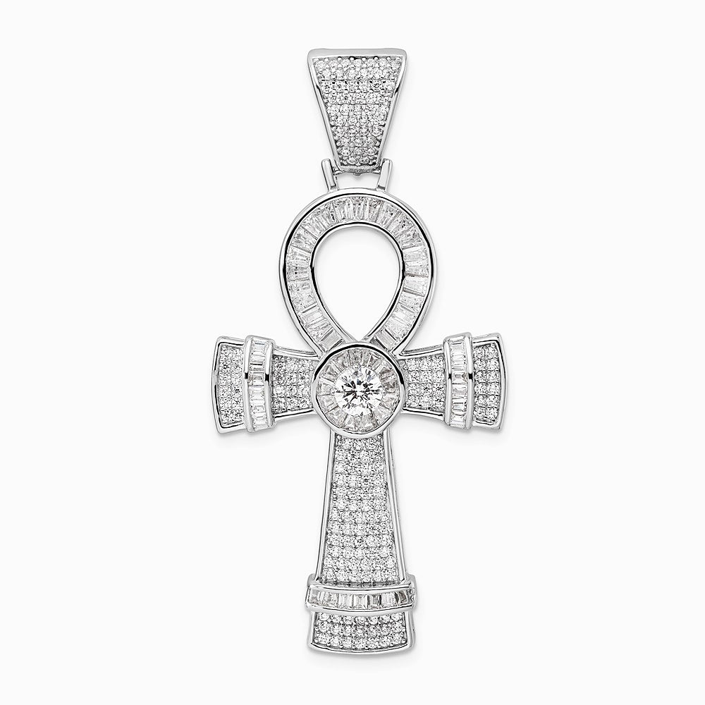 Sterling Silver Rhodium-plated Polished CZ Ankh Cross Pendant - Product Photo