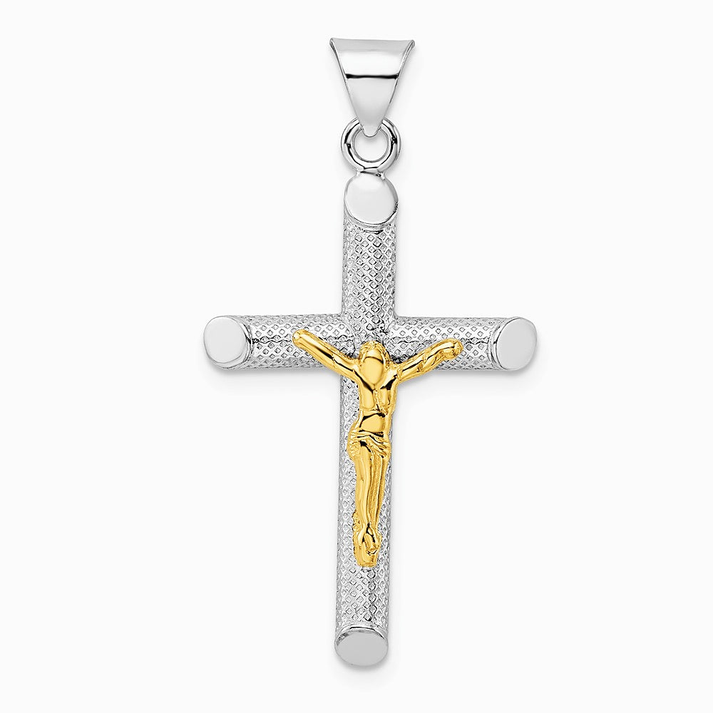 Sterling Silver RH-plate & Gold-tone Polished & Textured Crucifix Pendant