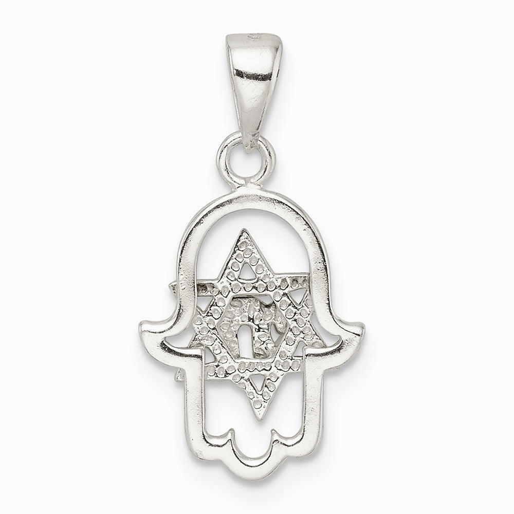 Sterling Silver Polished Chai in Star of David Hamsa Pendant - Product Photo