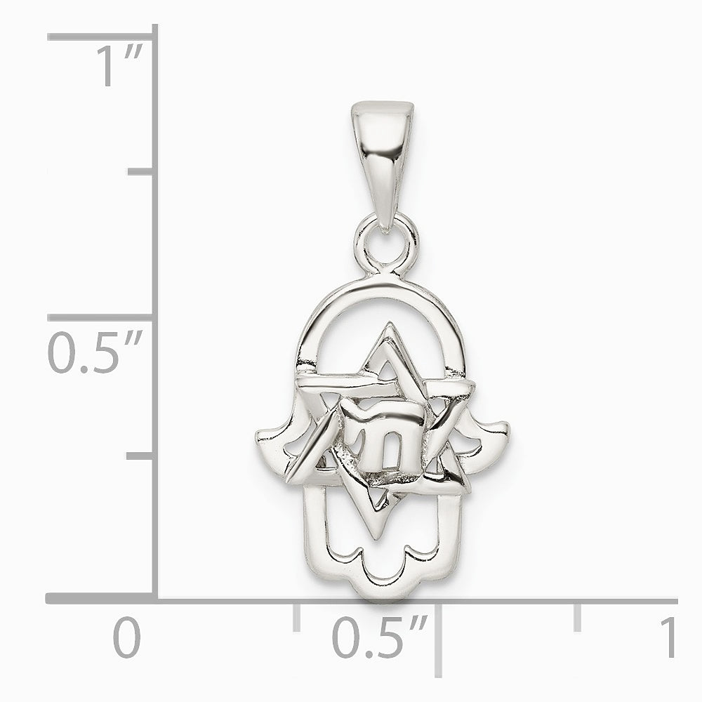 Sterling Silver Polished Chai in Star of David Hamsa Pendant - Product Photo