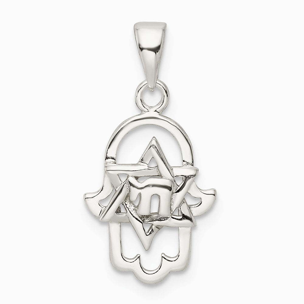 Sterling Silver Polished Chai in Star of David Hamsa Pendant - Product Photo