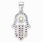 Sterling Silver Rhodium-plated Multicolor CZ & Synthetic Opal Hamsa Pendant - Product Photo