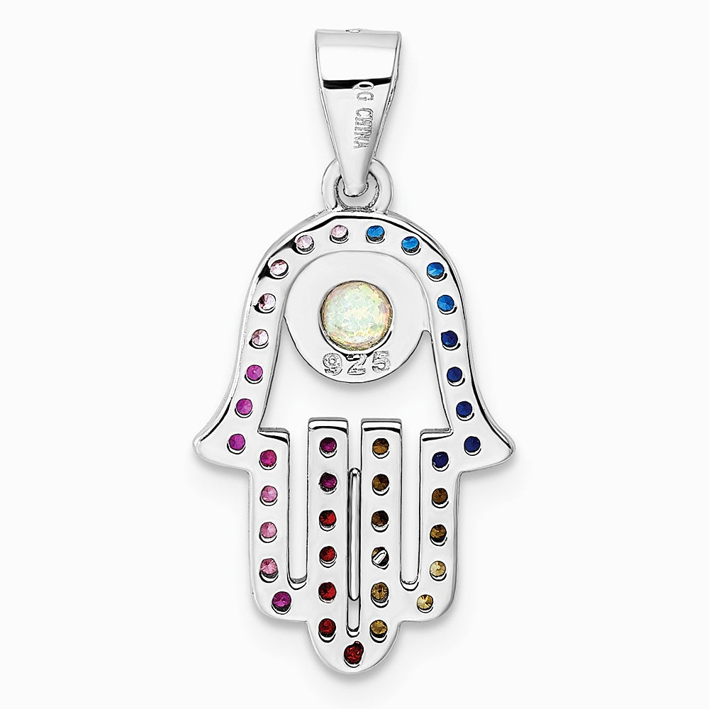Sterling Silver Rhodium-plated Multicolor CZ & Synthetic Opal Hamsa Pendant - Product Photo