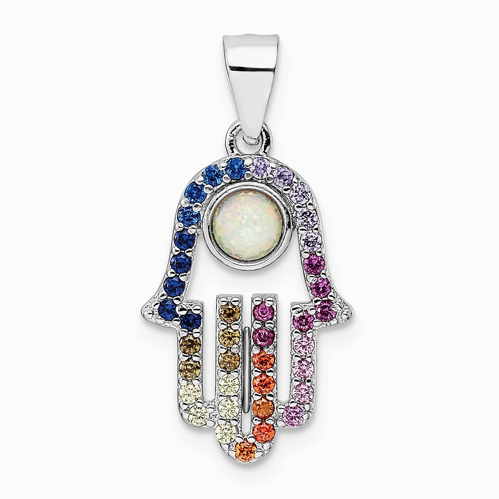 Sterling Silver Rhodium-plated Multicolor CZ & Synthetic Opal Hamsa Pendant - Product Photo