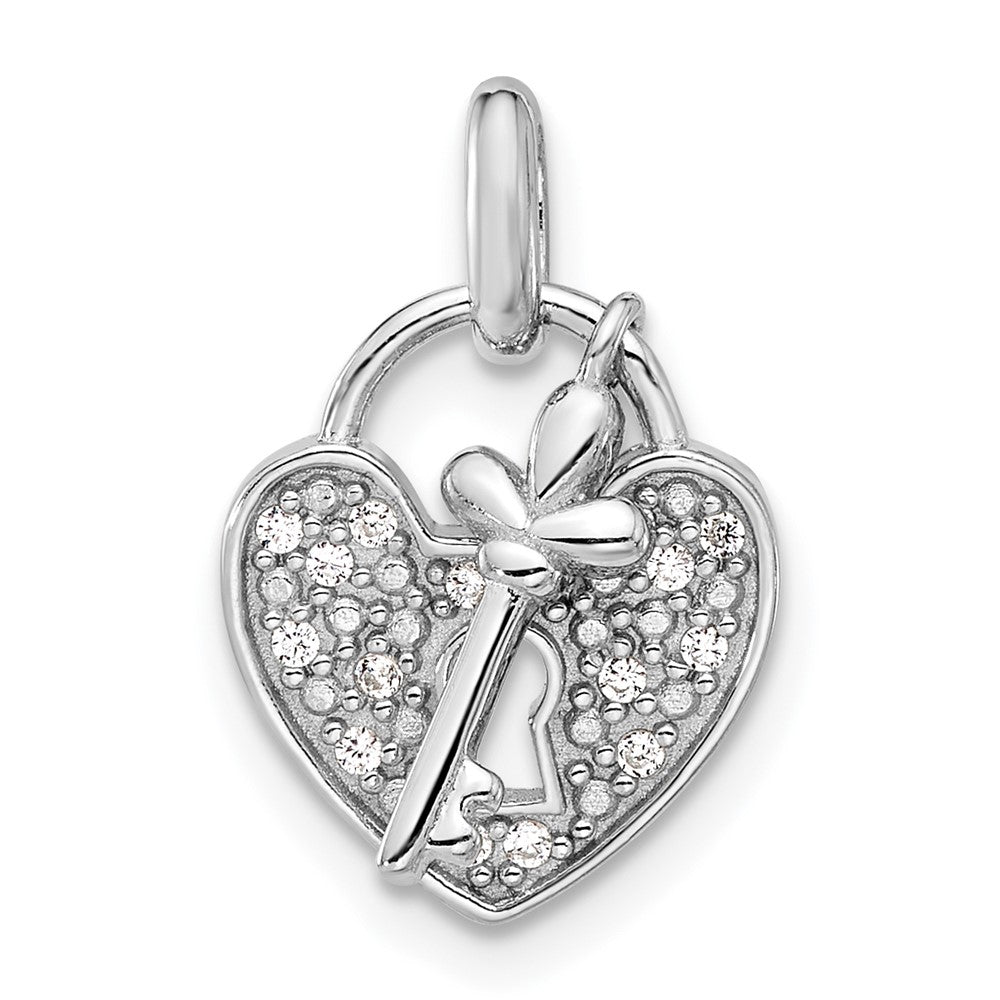 Sterling Silver Rhodium-plated CZ Key and Heart Pendant - Product Photo