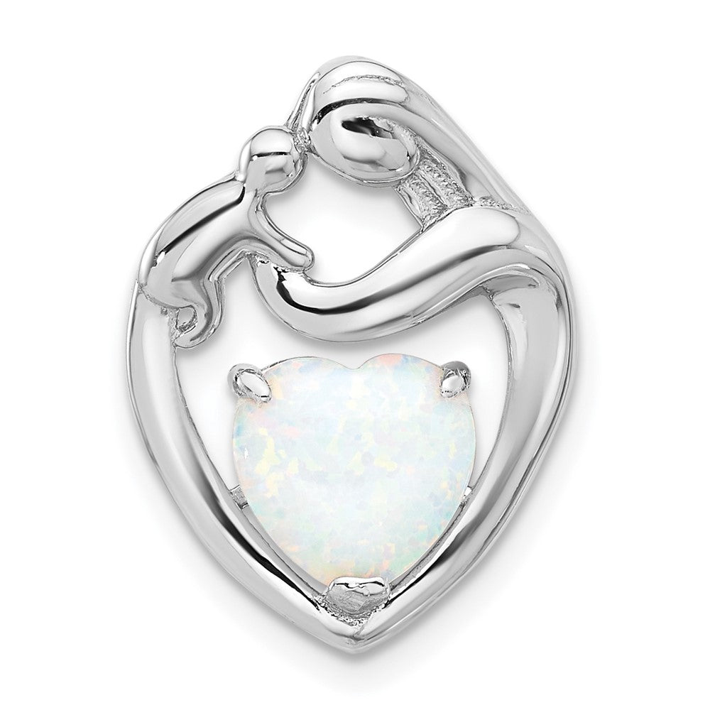 Sterling Silver Rhodium-plated Created Opal Mother/Child Heart Slide - Product Photo