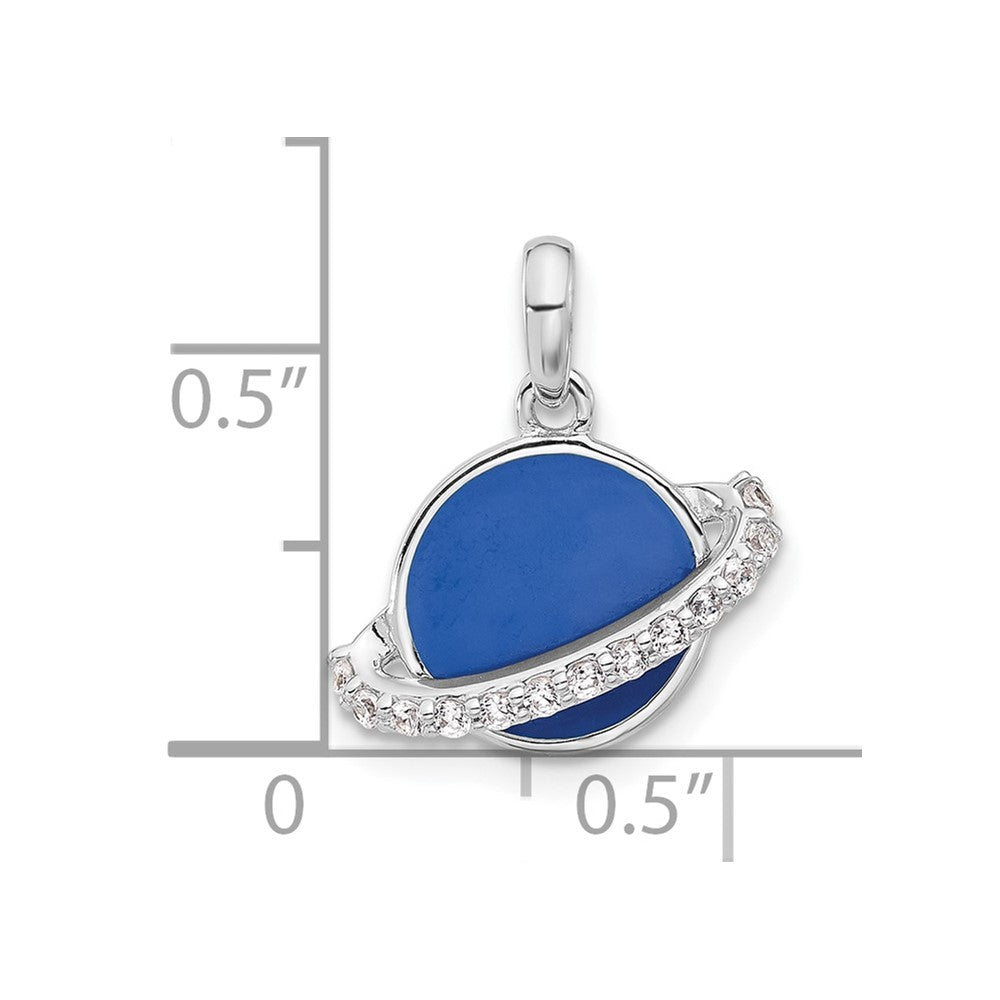 Sterling Silver Rh-plated Polished Round Blue Enamel CZ Planet Pendant - Product Photo