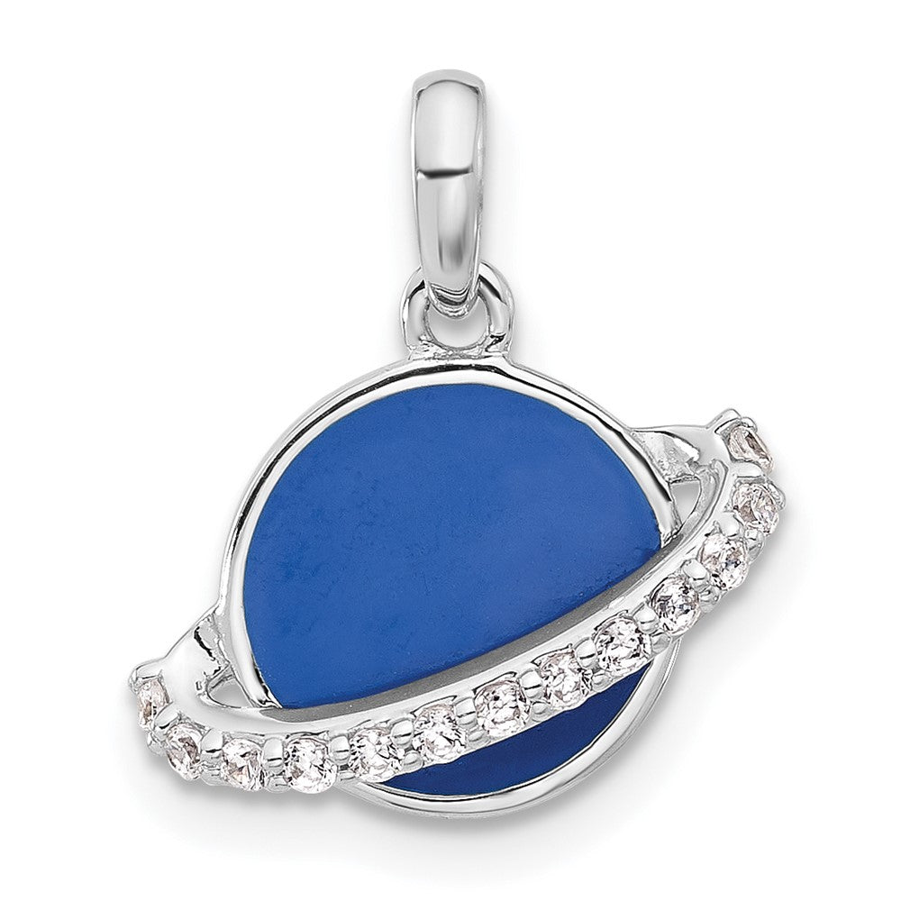 Sterling Silver Rh-plated Polished Round Blue Enamel CZ Planet Pendant - Product Photo