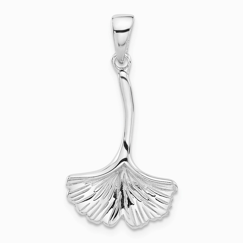 Sterling Silver Rhodium-Plated Polished Grooved Ginkgo Leaf Pendant