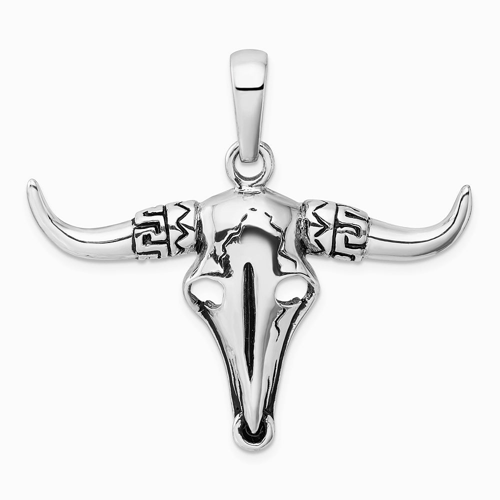 Sterling Silver Rhodium-plated Antiqued Bull Skull Pendant - Product Photo