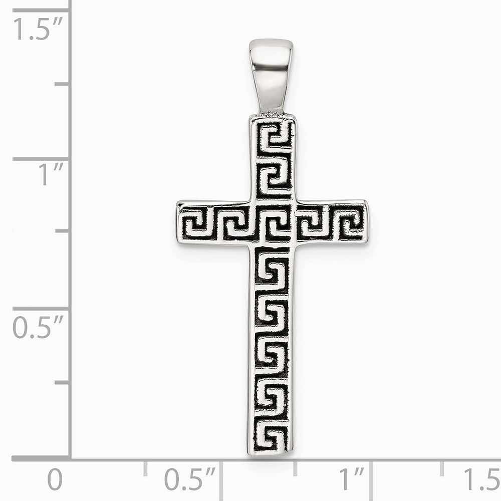 Sterling Silver Polished and Antiqued Greek Key Latin Cross Pendant - Product Photo