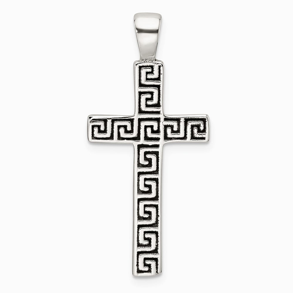 Sterling Silver Polished and Antiqued Greek Key Latin Cross Pendant