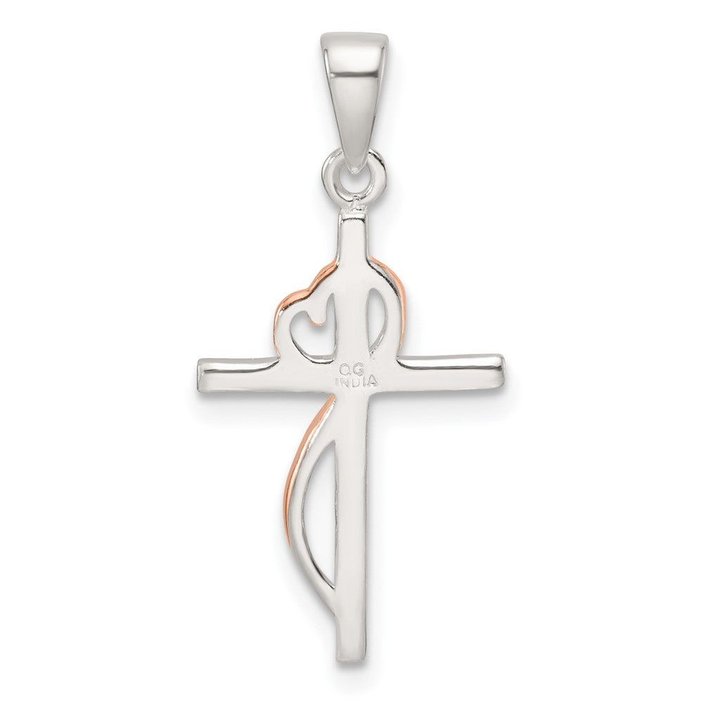 Sterling Silver Rose-tone Polished CZ Heart Cross Pendant - Product Photo
