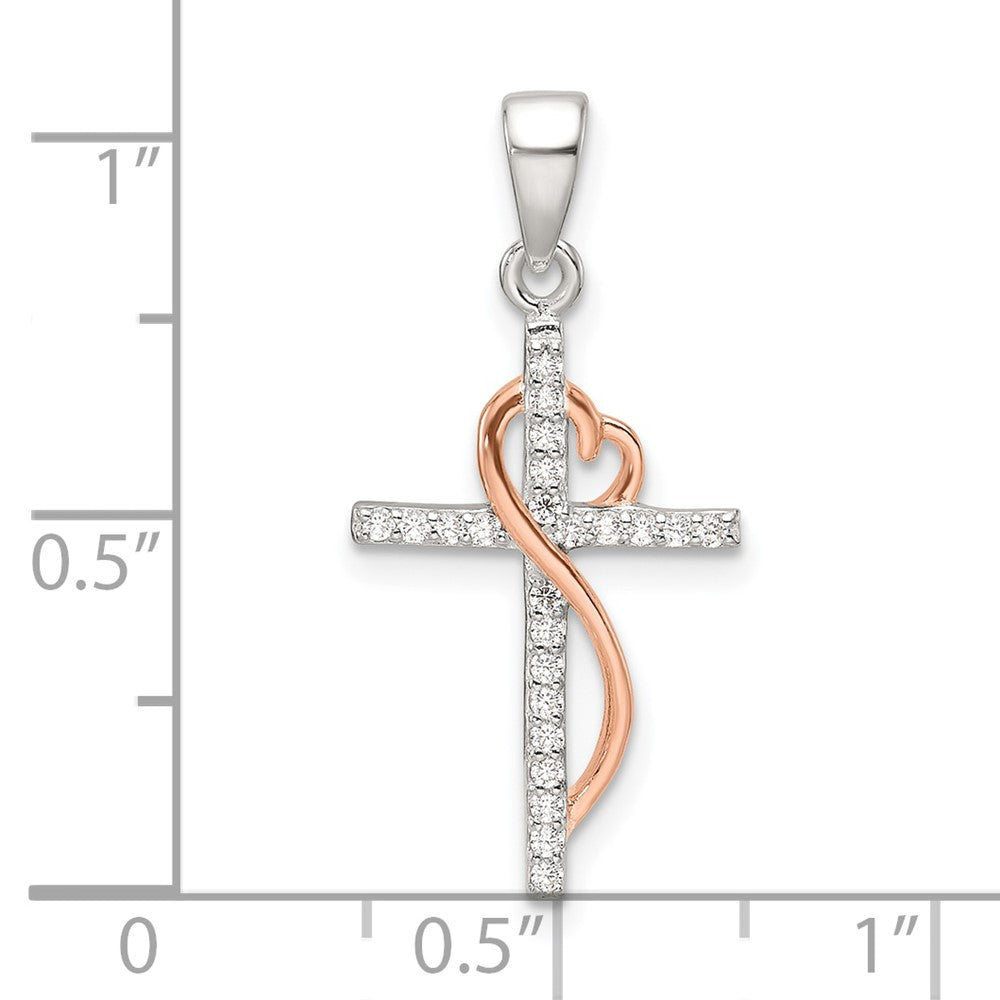 Sterling Silver Rose-tone Polished CZ Heart Cross Pendant - Product Photo