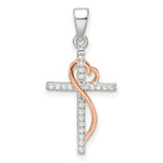 Sterling Silver Rose-tone Polished CZ Heart Cross Pendant - Product Photo
