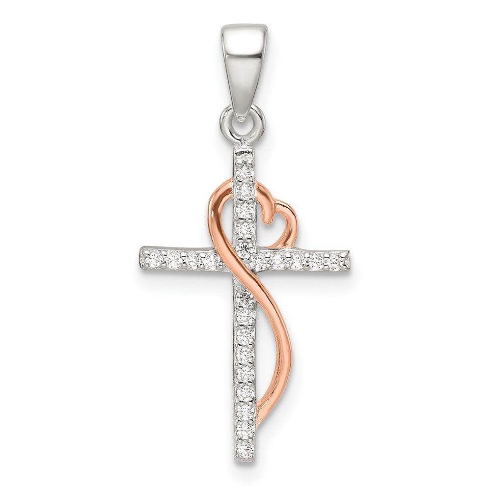 Sterling Silver Rose-tone Polished CZ Heart Cross Pendant - Product Photo
