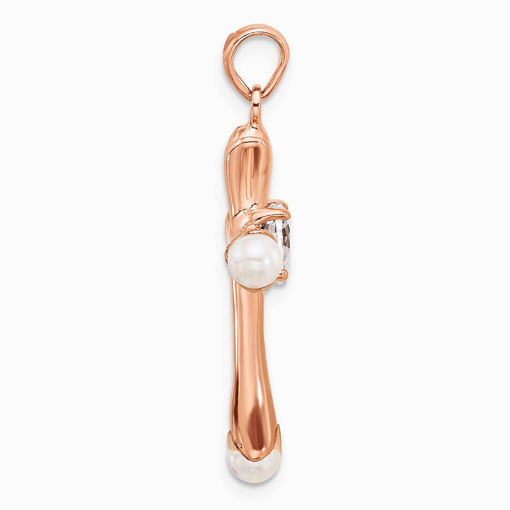 Sterling Silver Rose-tone Heart CZ and Synthetic Pearl Cross Pendant - Product Photo