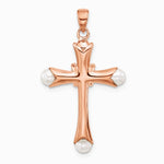 Sterling Silver Rose-tone Heart CZ and Synthetic Pearl Cross Pendant - Product Photo