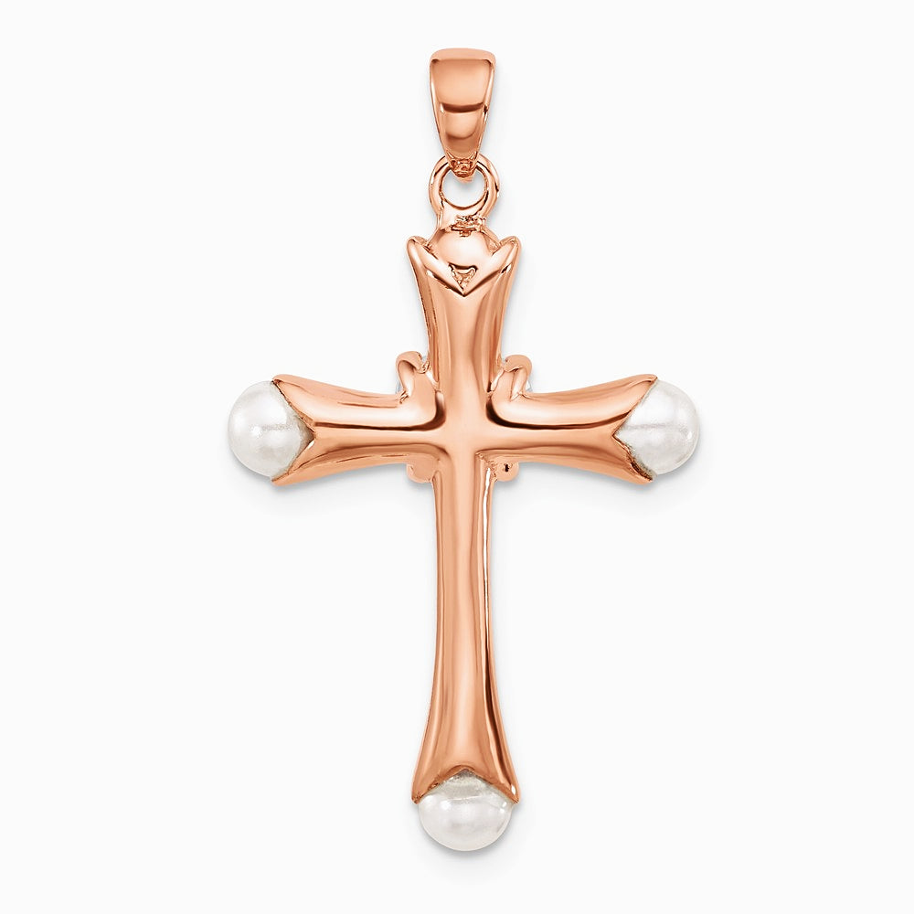 Sterling Silver Rose-tone Heart CZ and Synthetic Pearl Cross Pendant - Product Photo