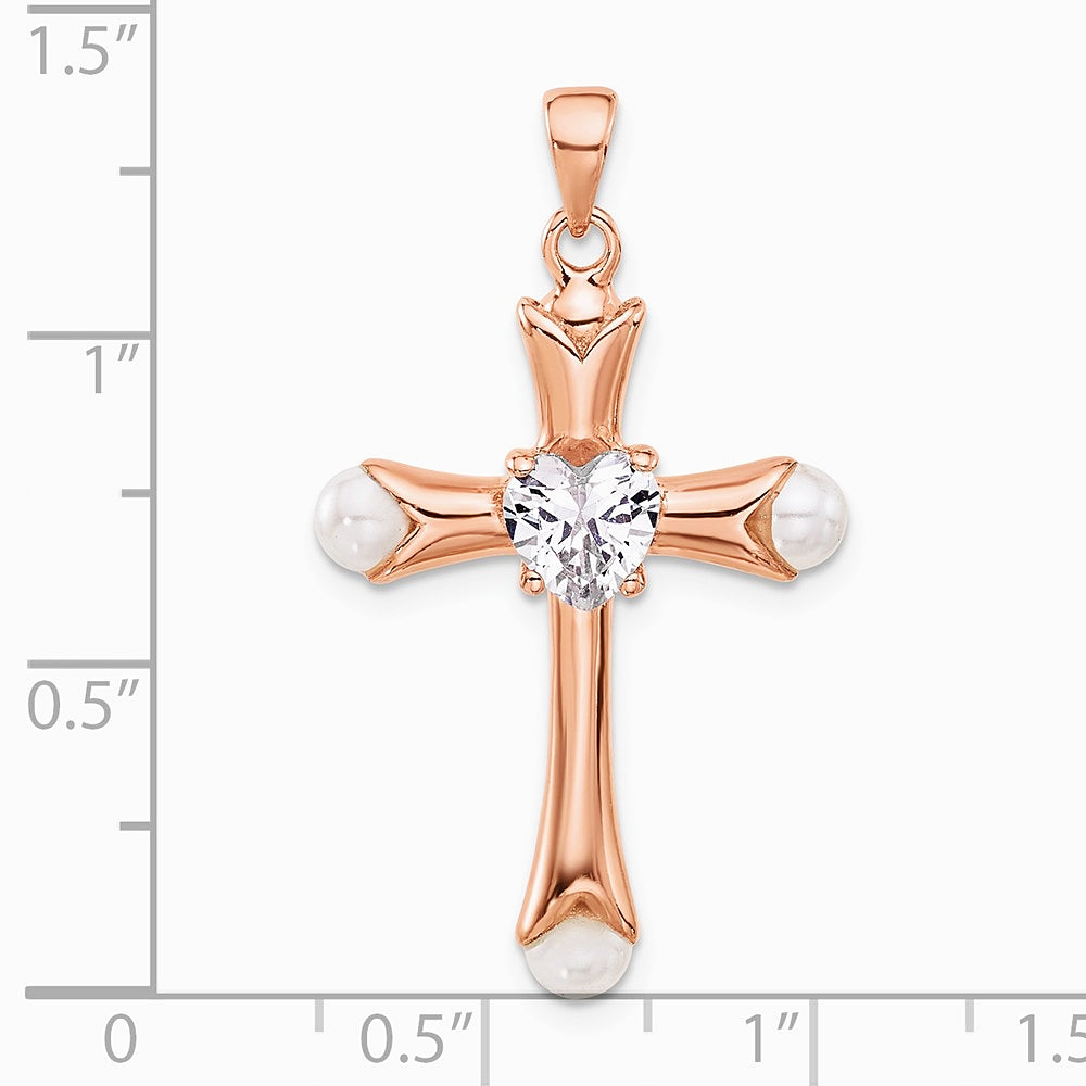 Sterling Silver Rose-tone Heart CZ and Synthetic Pearl Cross Pendant - Product Photo