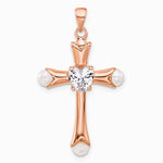 Sterling Silver Rose-tone Heart CZ and Synthetic Pearl Cross Pendant - Product Photo