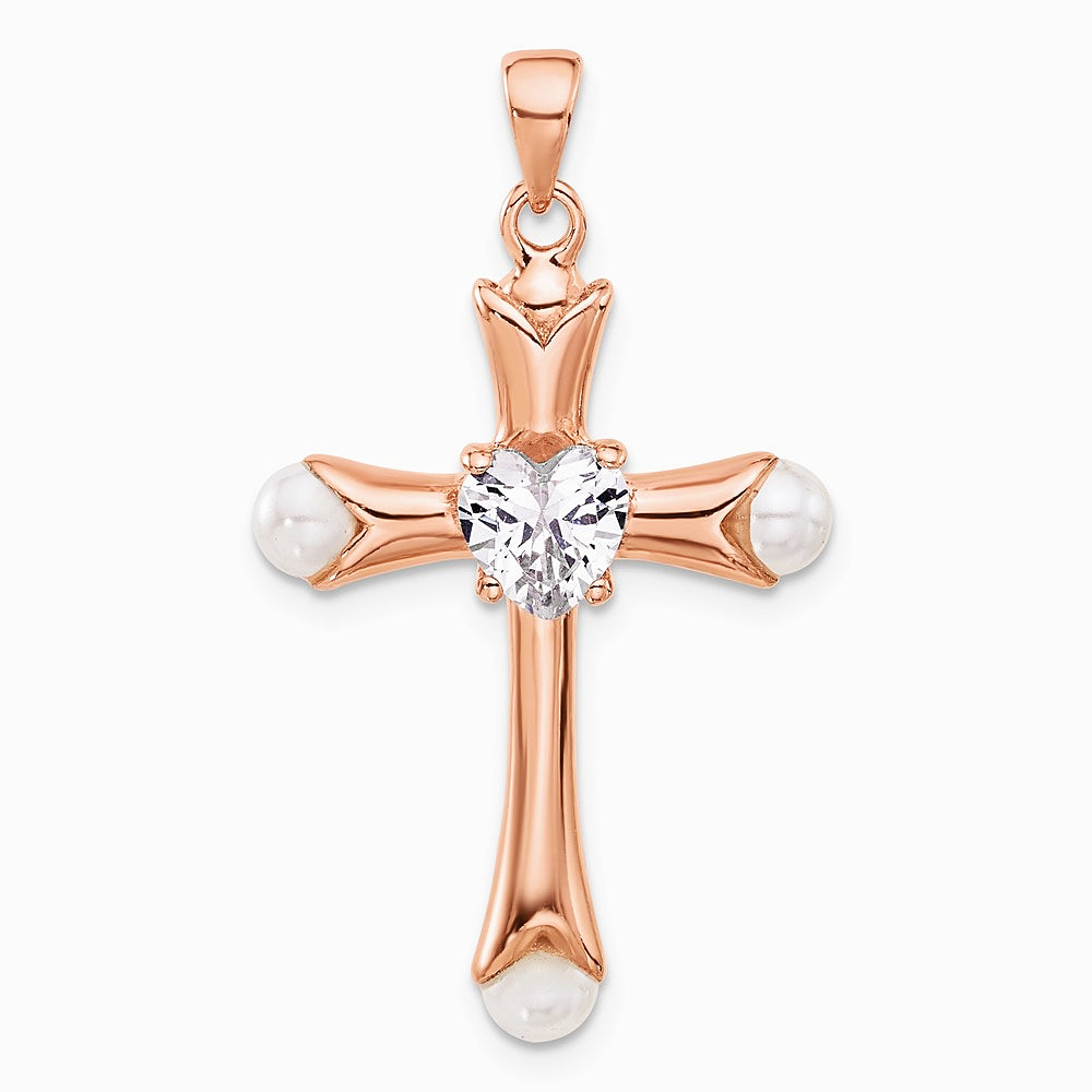 Sterling Silver Rose-tone Heart CZ and Synthetic Pearl Cross Pendant