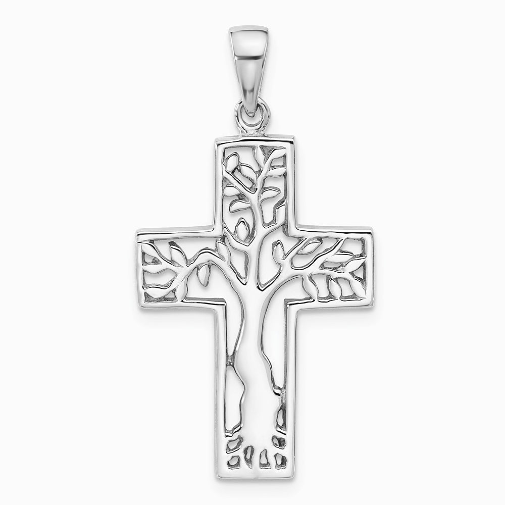 Sterling Silver Rhodium-Plated Polished Tree in Cross Pendant - Product Photo