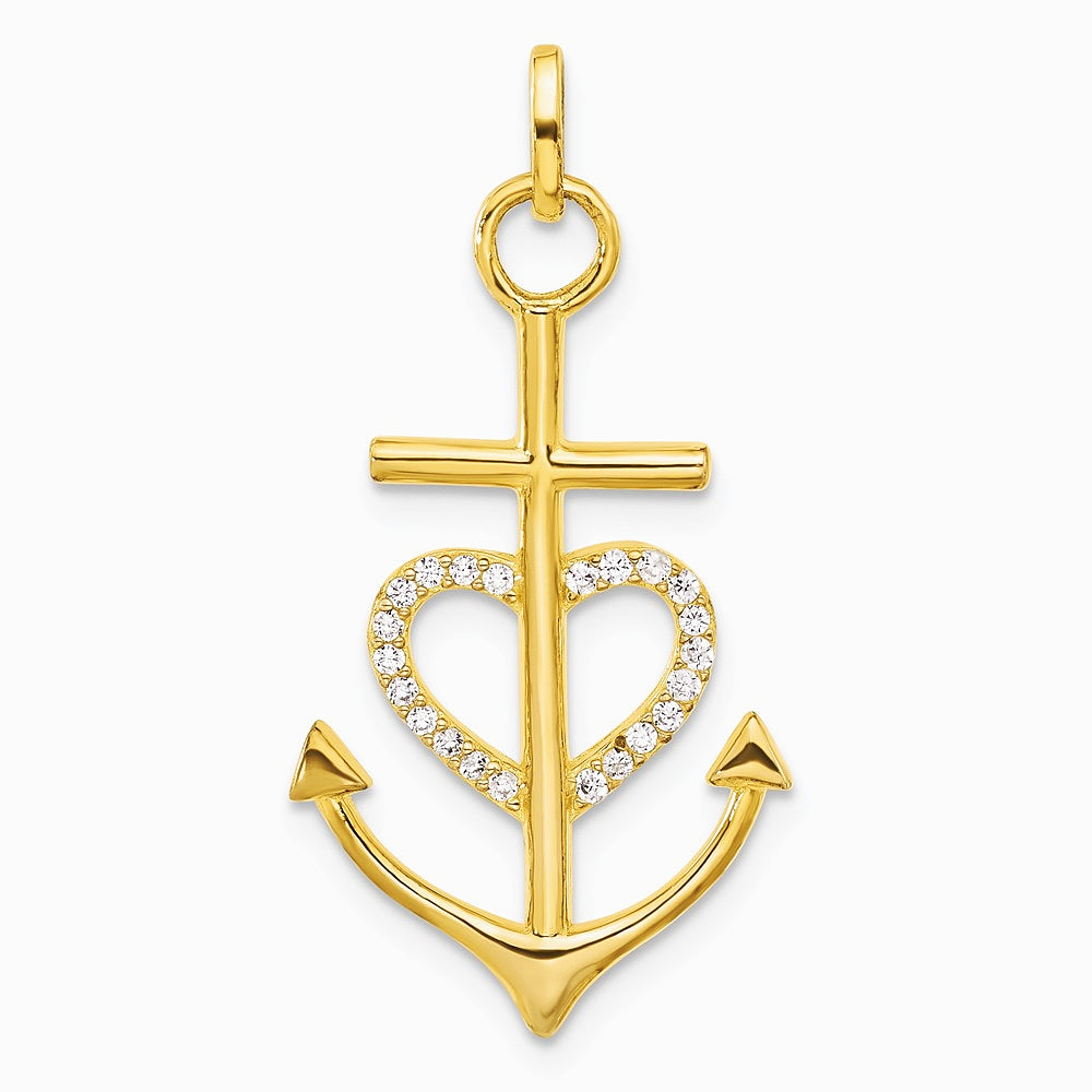 Sterling Silver Gold-tone Cross CZ Heart Anchor Pendant - Product Photo