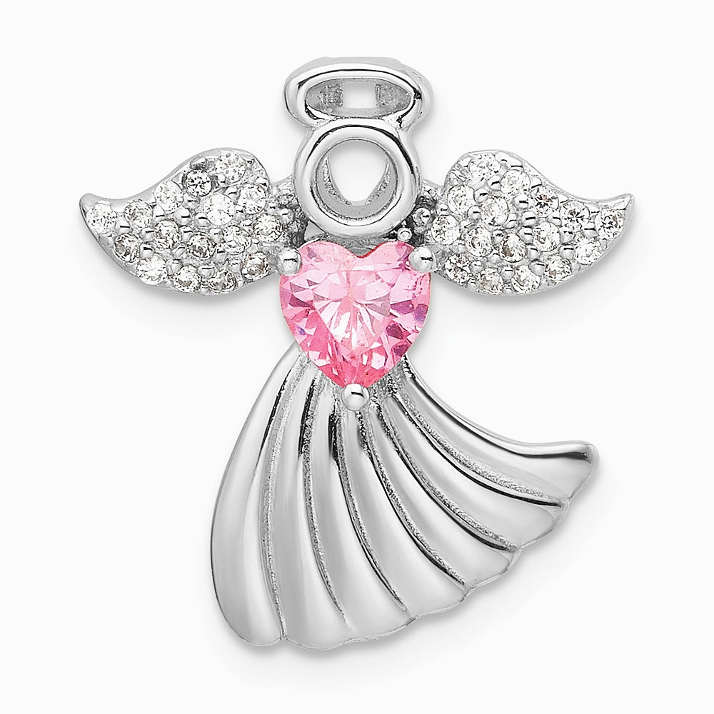 Sterling Silver Rhodium-plated Pink and Clear CZ Angel Chain Slide Pendant