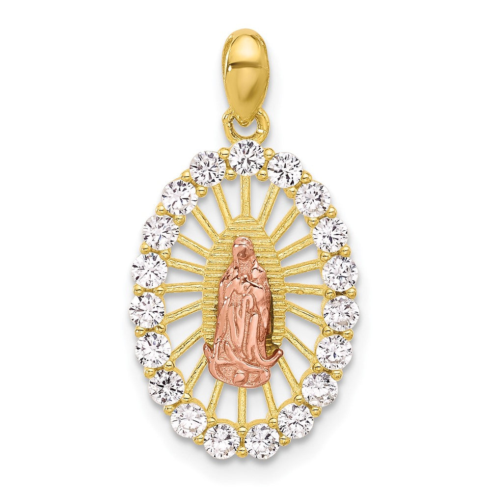 Sterling Silver Gold and Rose-tone CZ Our Lady of Guadalupe Oval Pendant - Product Photo