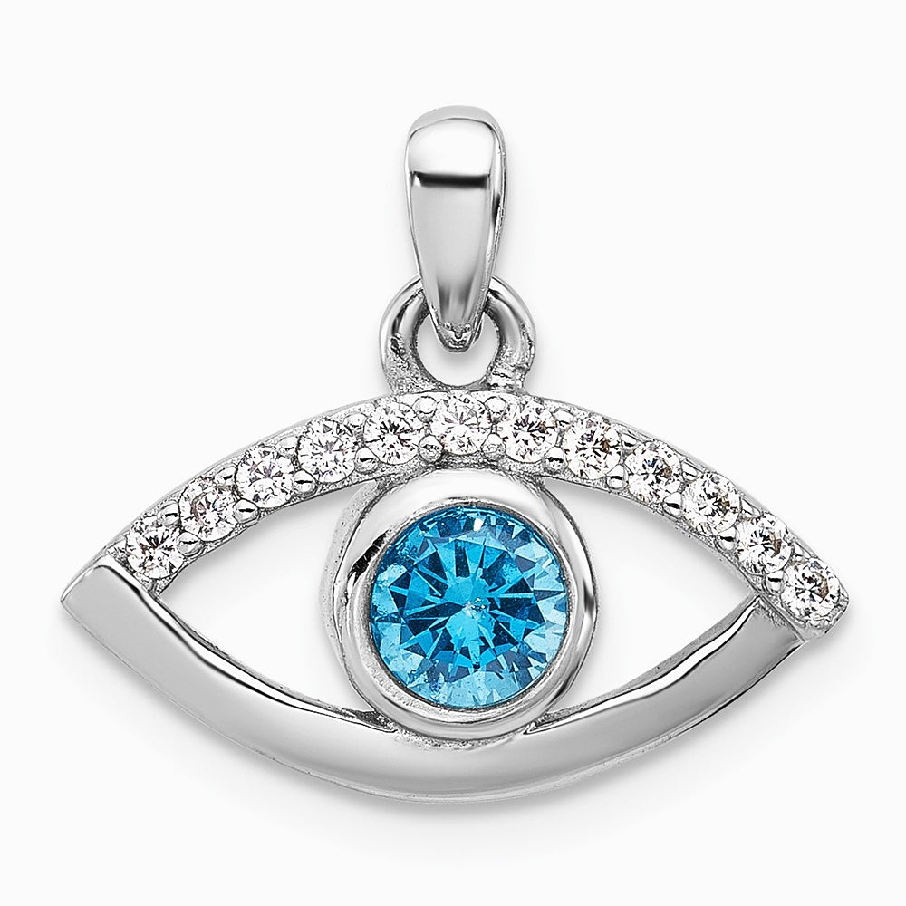 Sterling Silver Rhodium-plated Blue Zircon and CZ Evil Eye Pendant - Product Photo