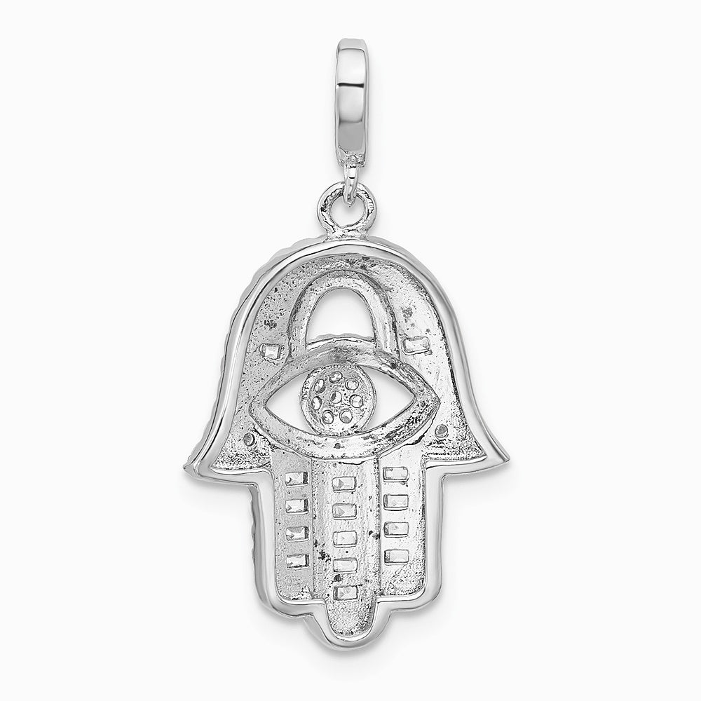 Sterling Silver Rhodium-plated CZ Evil Eye Hamsa Pendant - Product Photo