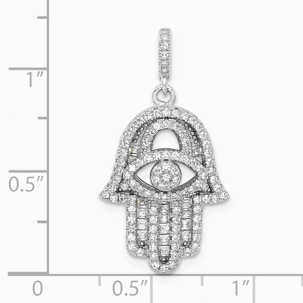 Sterling Silver Rhodium-plated CZ Evil Eye Hamsa Pendant - Product Photo