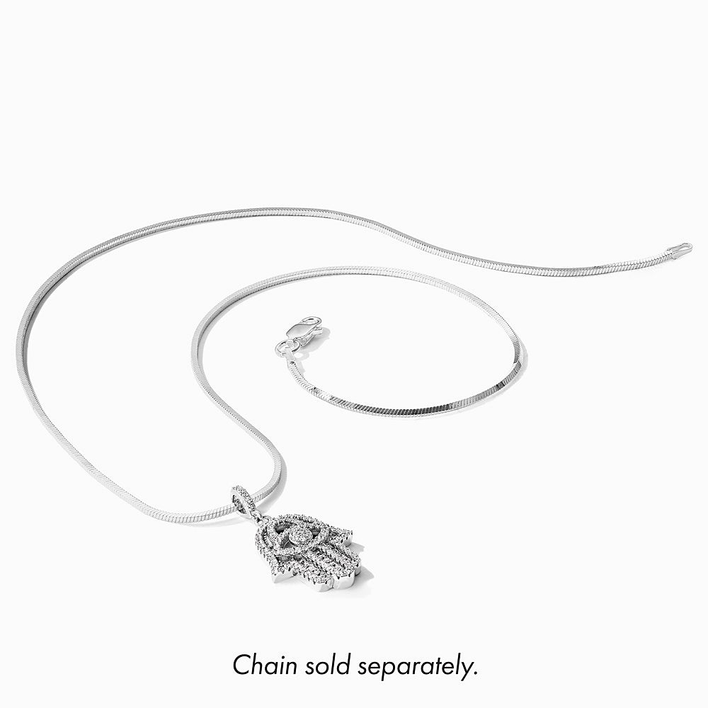 Sterling Silver Rhodium-plated CZ Evil Eye Hamsa Pendant - Product Photo