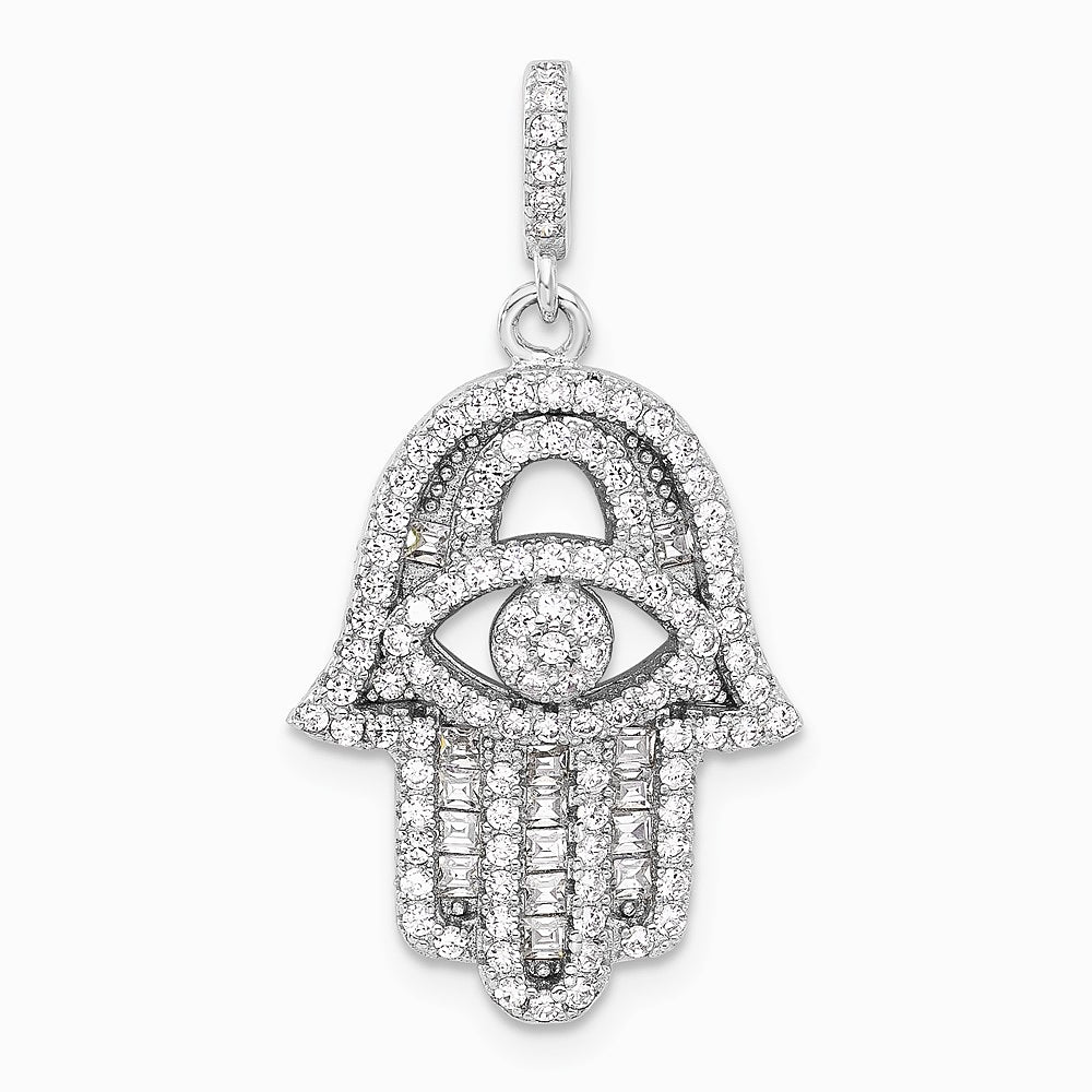 Sterling Silver Rhodium-plated CZ Evil Eye Hamsa Pendant - Product Photo