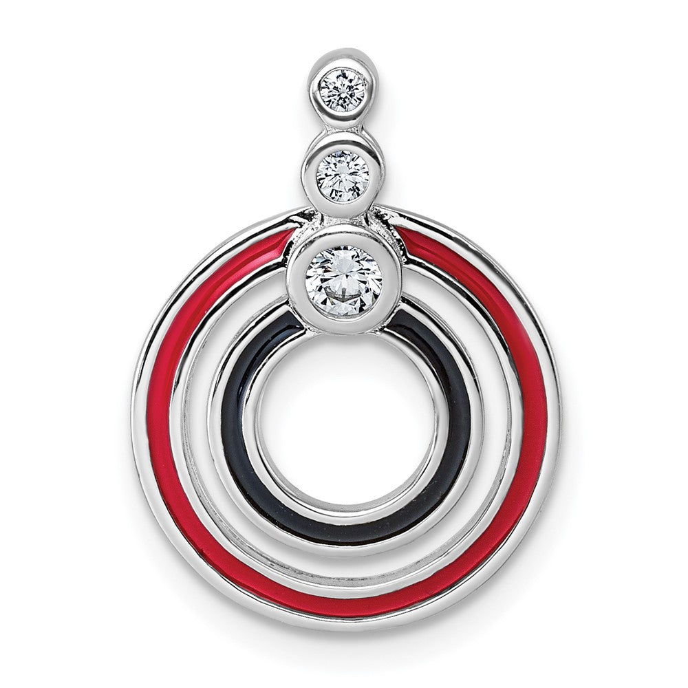 Sterling Silver Rhodium-plated CZ Black/Red Enamel Circle Pendant - Product Photo