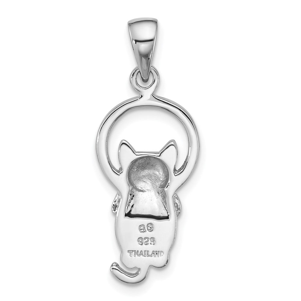 Sterling Silver Rhodium-plated Polished MOP Hanging Cat Pendant - Product Photo