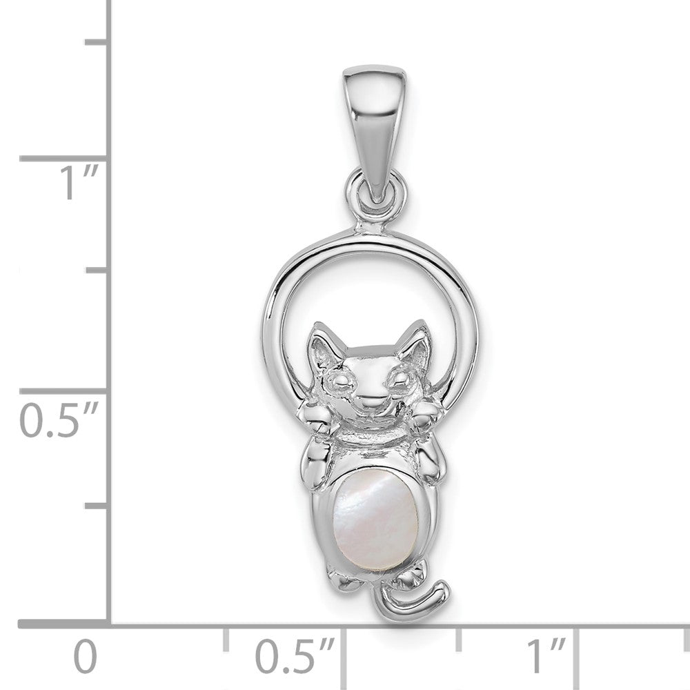 Sterling Silver Rhodium-plated Polished MOP Hanging Cat Pendant - Product Photo