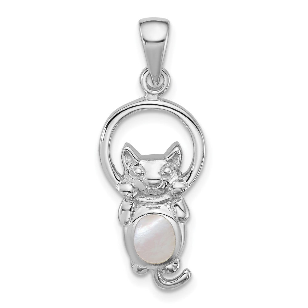 Sterling Silver Rhodium-plated Polished MOP Hanging Cat Pendant - Product Photo