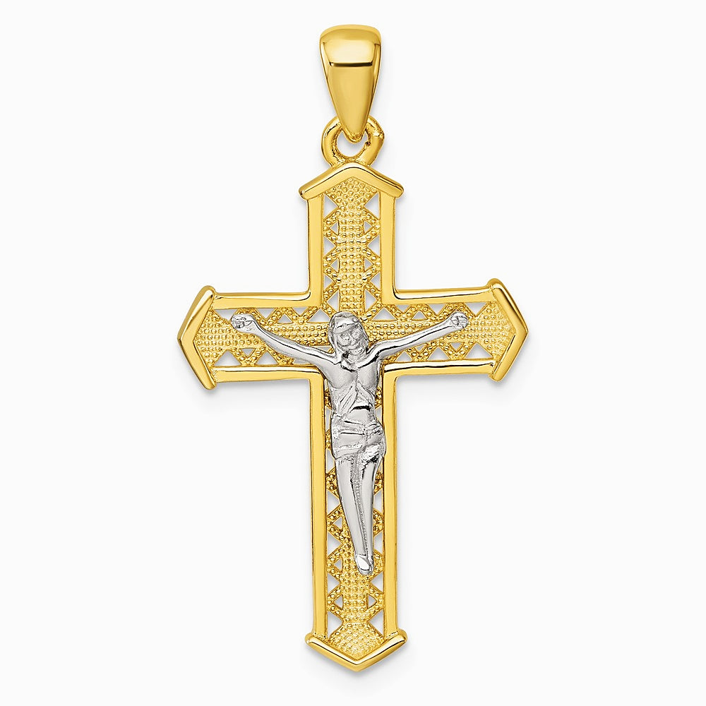 Sterling Silver Rhodium-plated Gold-tone Polished Crucifix Cross Pendant - Product Photo