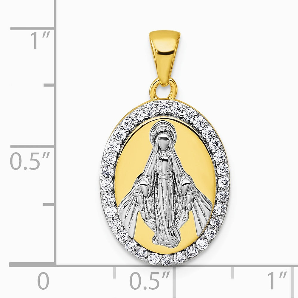 Sterling Silver Rhodium-plated Gold-tone CZ Miraculous Medal Pendant - Product Photo