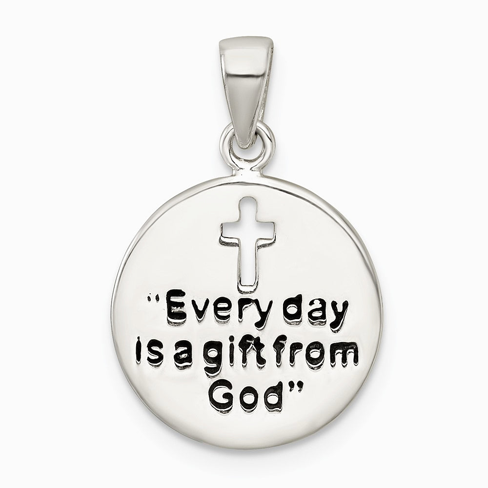 Sterling Silver Polished Enamel GIFT FROM GOD Cross Disc Pendant