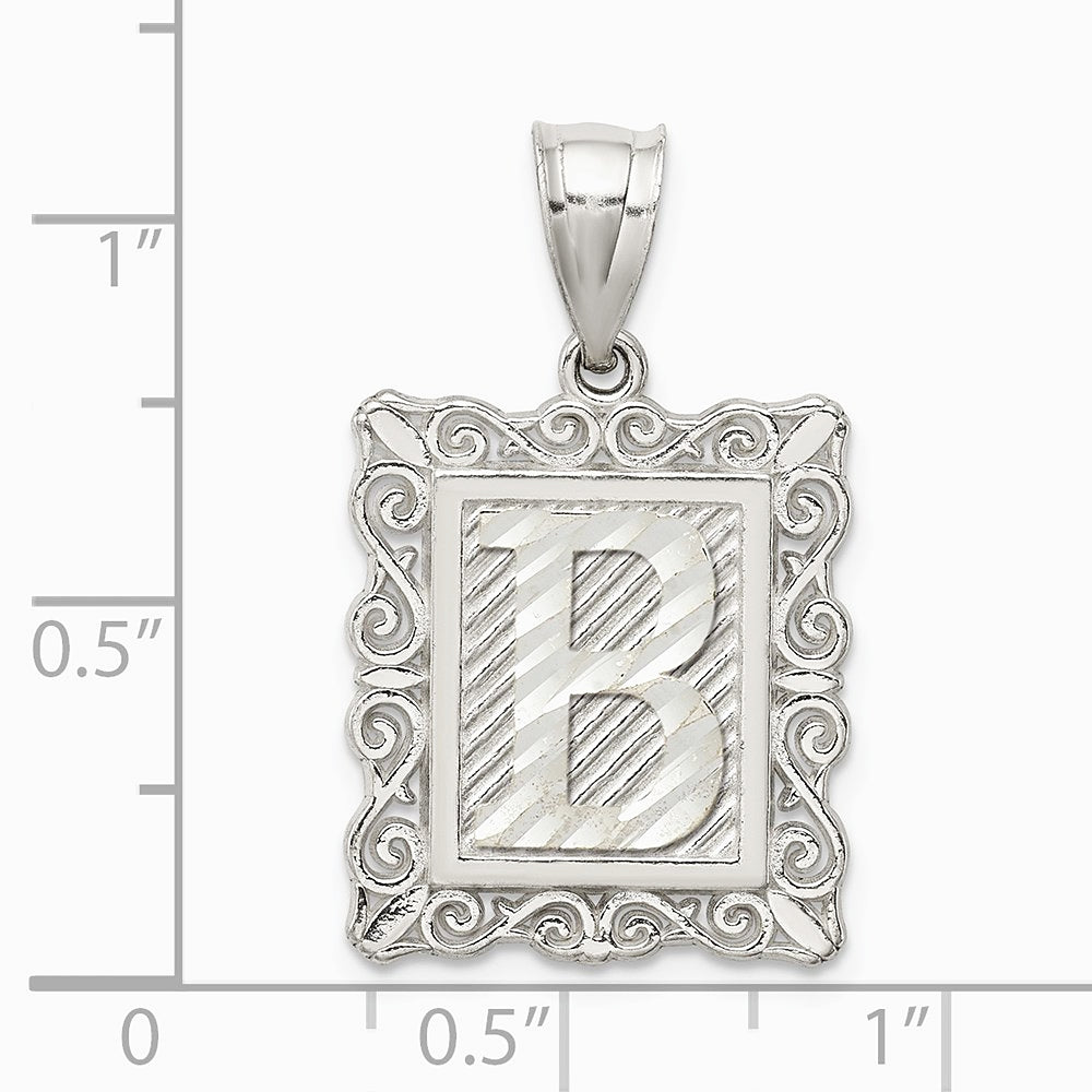 Sterling Silver Square Diamond-cut Letter B Initial Pendant - Product Photo