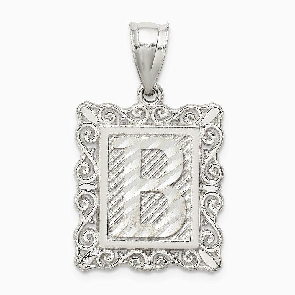 Sterling Silver Square Diamond-cut Letter B Initial Pendant - Product Photo