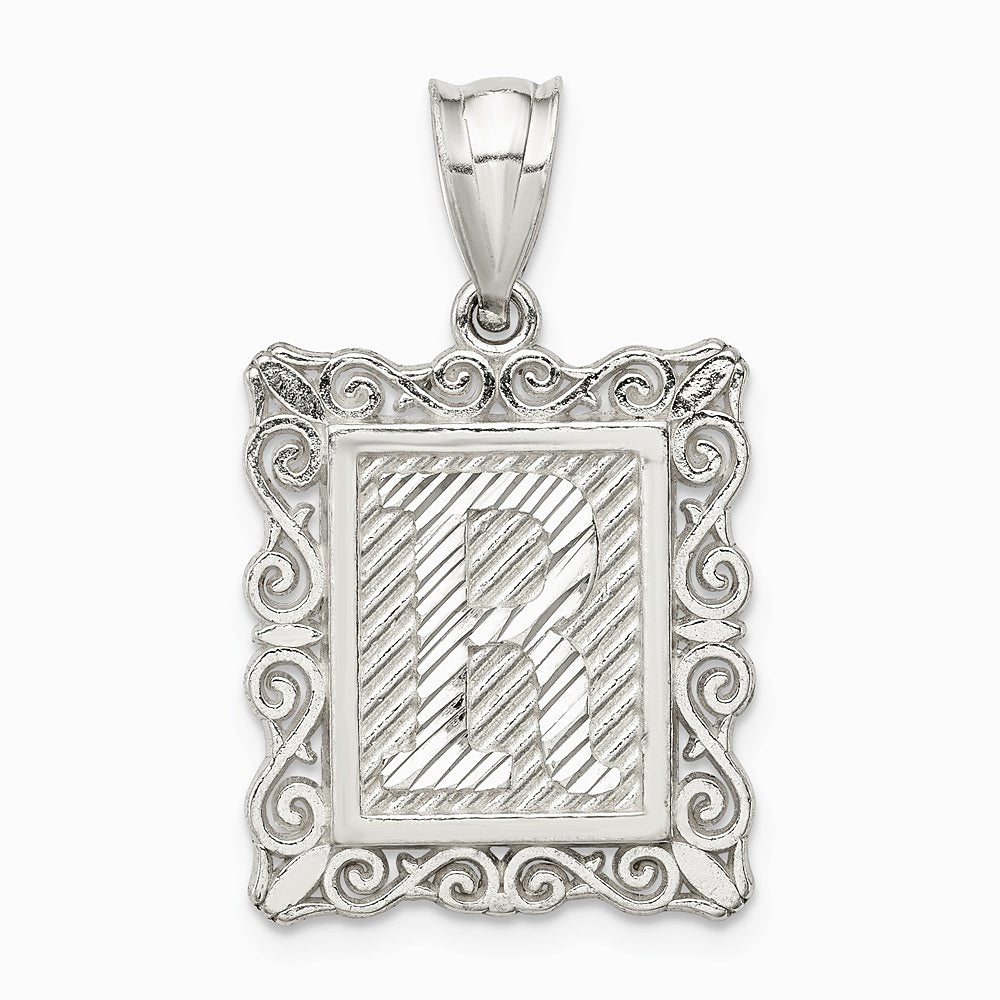 Sterling Silver Square Diamond-cut Letter R Initial Pendant
