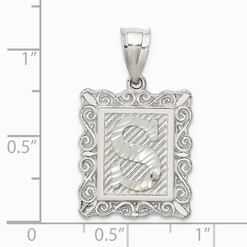 Sterling Silver Square Diamond-cut Letter S Initial Pendant - Product Photo