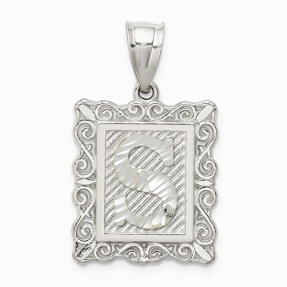 Sterling Silver Square Diamond-cut Letter S Initial Pendant - Product Photo